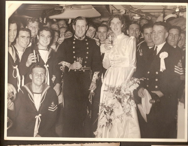 Wedding of Lieutenant Hon David Hotham to Aileen on board Neptune in 1939 - rec eption in Sailors messdeck\n\nDavid Hotham survived the sinking but several of the sailors may have been amongst the casualties. Are any recognised?\n\n
